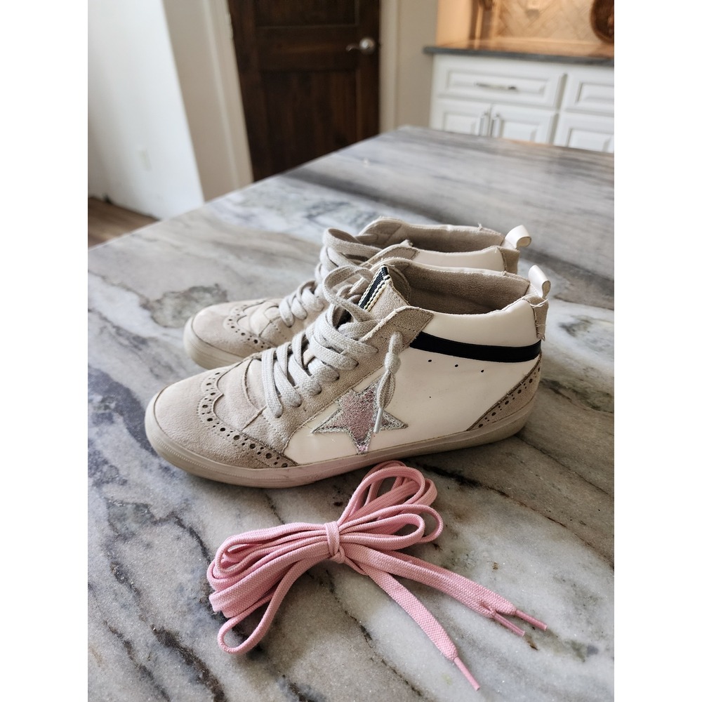 Shu Shop Paulina Star Mid Top Sneakers White Beige Silver Glitter Wingtip Size 8